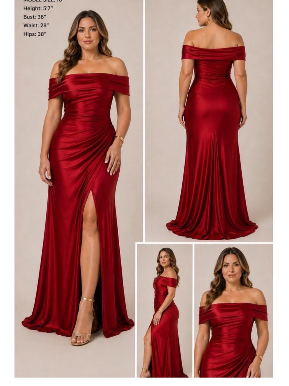 OYS Formal Gown Bodycon Slit Ruched Off-Shoulder Satin Red M